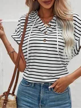 Striped Hooded Short Sleeve Top